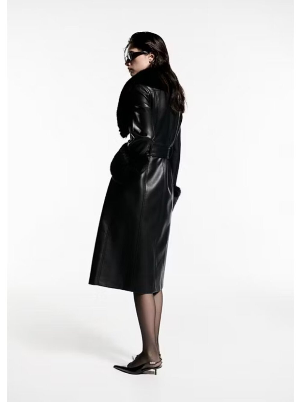 Mango Black Faux Leather Trench Coat with Fur Trim - Picture 2 of 9